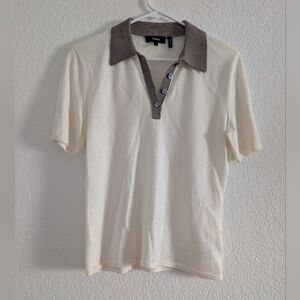 Theory Contrast Polo Ivory & Cinder Wool Blend S
